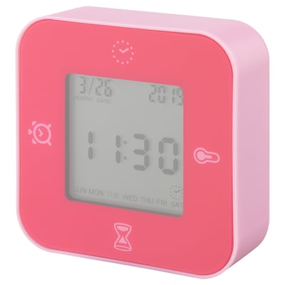 A red KLOCKIS alarm clock with a square shape, digital display, and symbols for various functions including time, date, temperature, and timer.