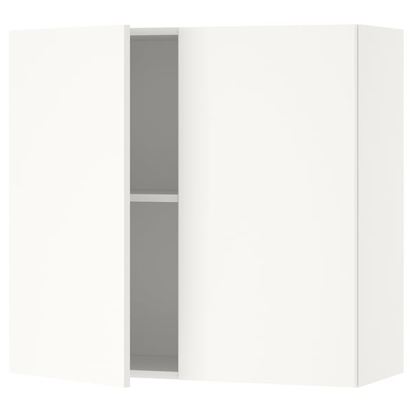 White KNOXHULT modular cabinet, wall-mounted, grey interior, two shelves.