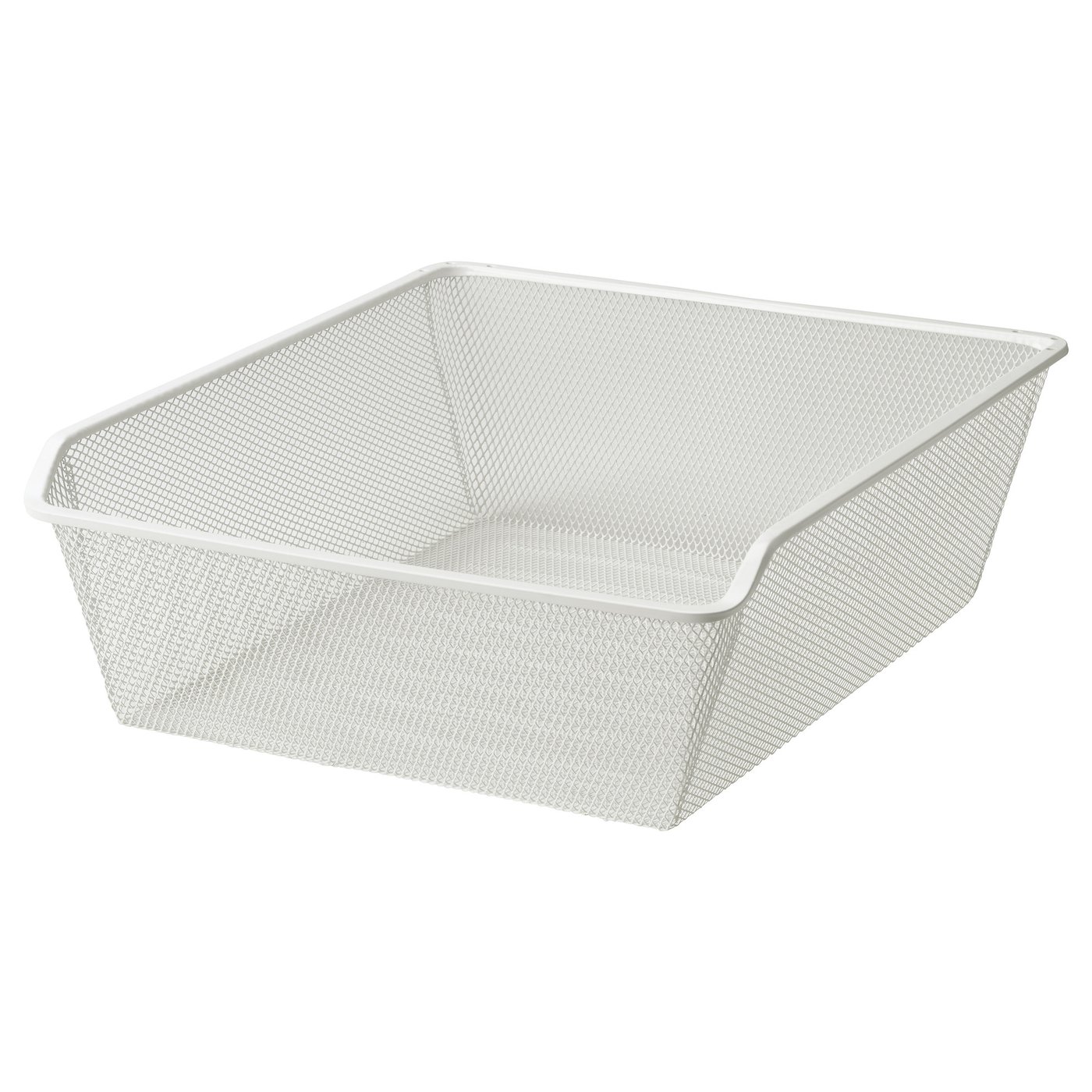 A white wire mesh storage basket named KOMPLEMENT, designed for organising clothes and accessories, with a sleek and breathable design.