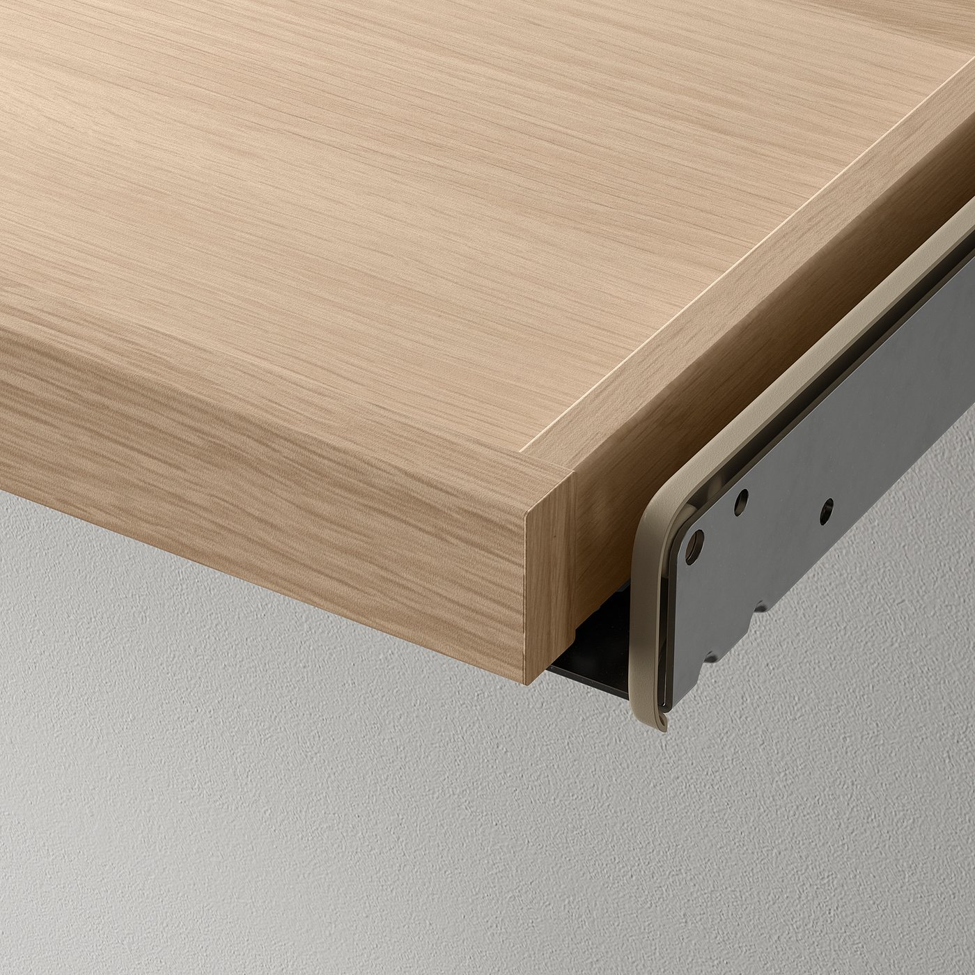 Displays a close-up of a wooden drawer with sleek, metallic hardware, emphasising the high-quality finish and sturdy construction.