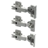 Three KOMPLEMENT nickel-plated steel hinges, each with a rectangular base, designed for cabinet doors.