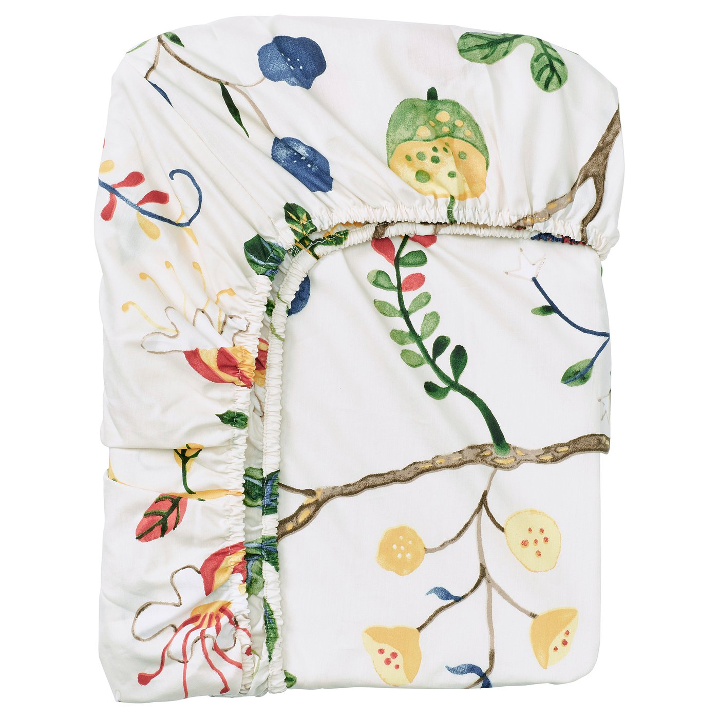 Fitted sheet named KRONBUSKE, white with colourful floral pattern, made of 57% cotton and 43% lyocell.