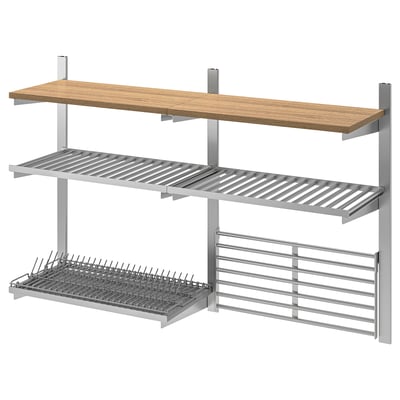 KUNGSFORS shelf combo, stainless & wood, 3-tier, functional kitchen storage.