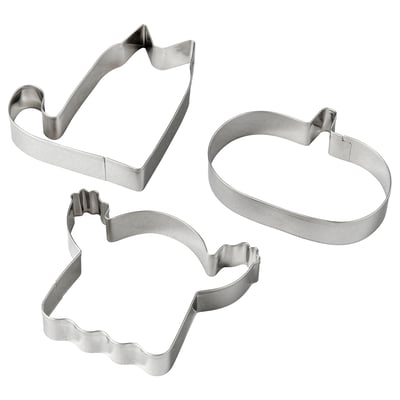 Three stainless steel cookie cutters: cat, leaf, and oval shapes, arranged on a white background.