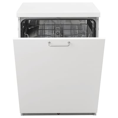 White dishwasher with silver handle, door open, showing racks.
