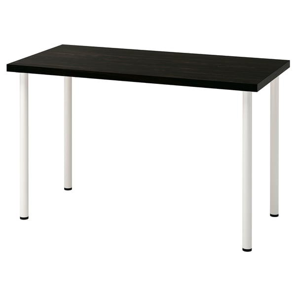An IKEA LAGKAPTEN desk with a dark brown top and white legs. It has a sleek, modern design with adjustable feet.