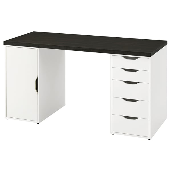 LAGKAPTEN desk: white & black, rectangular, modern design, wooden with drawers & cabinet.