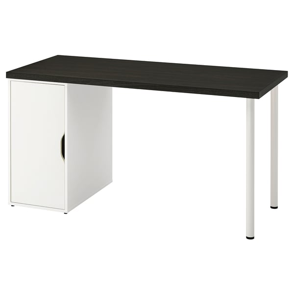 Black desk with white legs, sleek design.