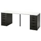 White LAGKAPTEN desk with two black drawer units, rectangular shape, sleek design.