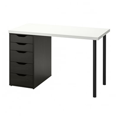 LAGKAPTEN desk in white with black drawer unit and 4 storage drawers.