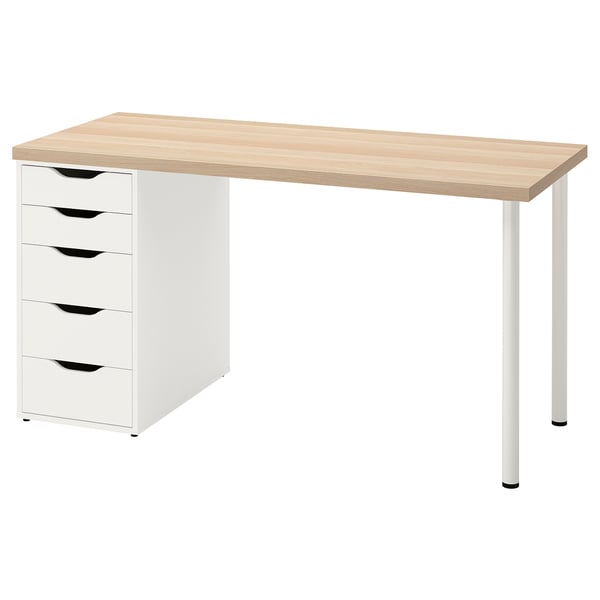 Ikea LAGKAPTEN desk a light wooden top and white drawers. Simple, rectangular design with four metal legs.