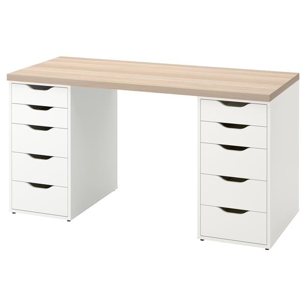 A LAGKAPTEN desk in white with wooden top. It has eight drawers with cut-out handles, providing ample storage in a compact design.