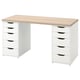 A LAGKAPTEN desk in white with wooden top. It has eight drawers with cut-out handles, providing ample storage in a compact design.
