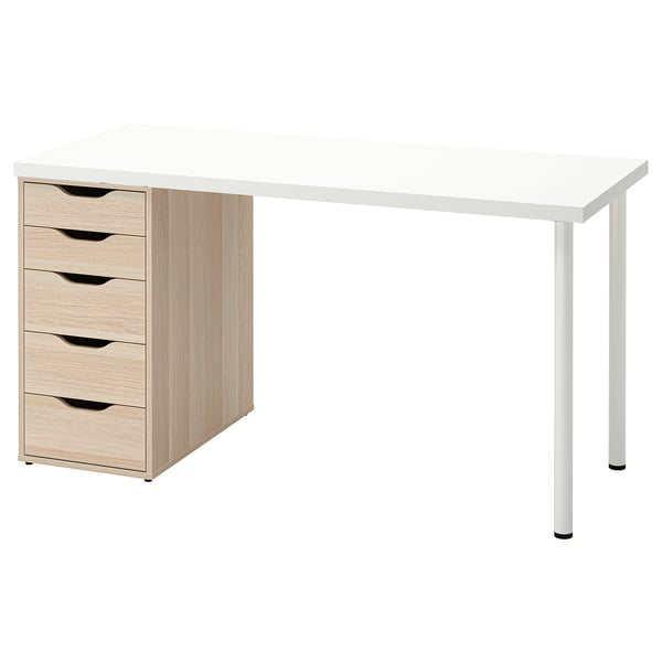 LAGKAPTEN white desk with light wood drawers; rectangular, minimalist design, four drawers.