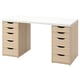 LAGKAPTEN desk: white top, oak drawers, rectangular design, four drawers per side.