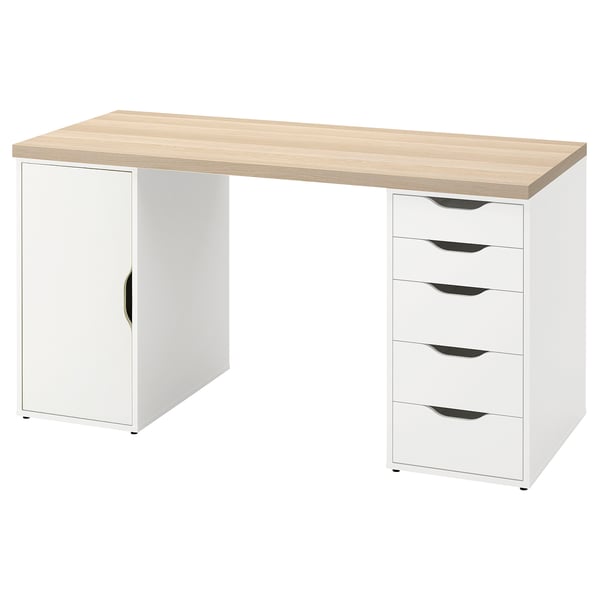 A white LAGKAPTEN desk with a light wooden top, featuring a cabinet and five drawers for storage. The design is simple and modern.