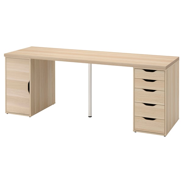 LAGKAPTEN desk in light oak, rectangular shape with drawers & cabinet.