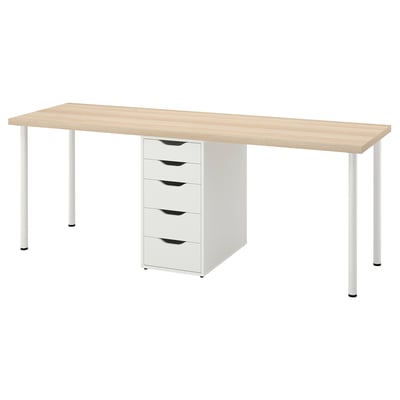 LAGKAPTEN: light wood desk with four drawers, four white legs, rectangular and minimalist design.
