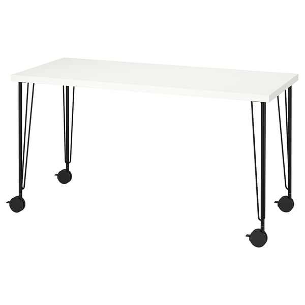 LAGKAPTEN, white desk, modern design, metal legs, four wheels, white top.