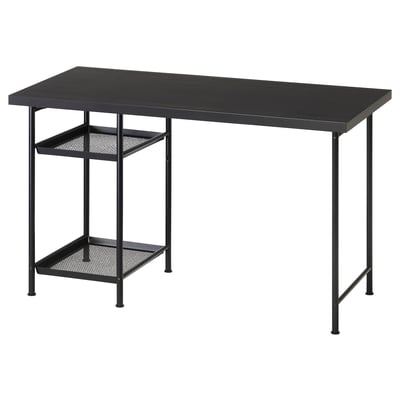 Black LAGKAPTEN desk with metal legs and mesh shelves.