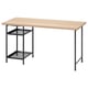 LAGKAPTEN desk: light wood top, black metal legs, 2 mesh shelves, simple design.