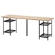 LAGKAPTEN desk: light wood top, black metal legs, rectangular. Two-tier shelves for storage.