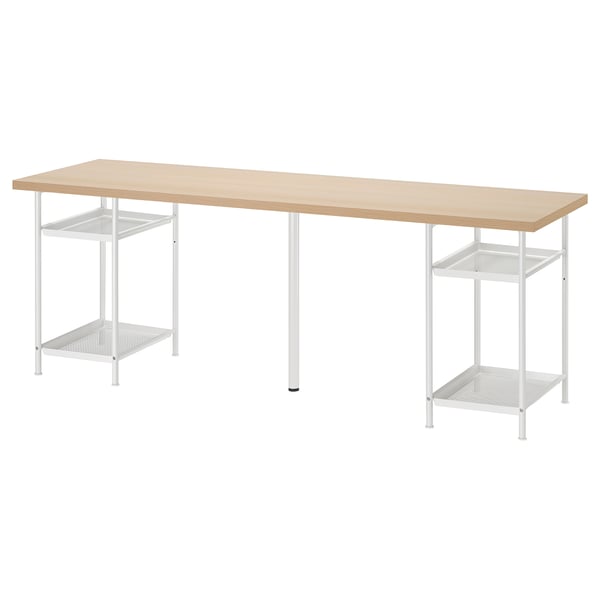 LAGKAPTEN: light wooden desk with white metal legs and shelves. Minimalist, modern design. Includes storage shelves.