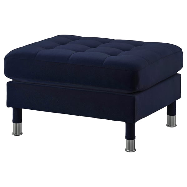 LANDSKRONA blue velvet footstool, chrome legs, tufted top.