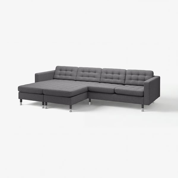 A modern grey fabric l-shaped sofa with chrome legs, showcasing a sleek design.