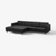 Black l-shaped leather sofa with tufted cushions and wooden legs. Modern, minimalist design ideal for contemporary living rooms.
