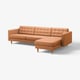 Brown leather l-shaped sofa with tufted cushions and wooden legs.