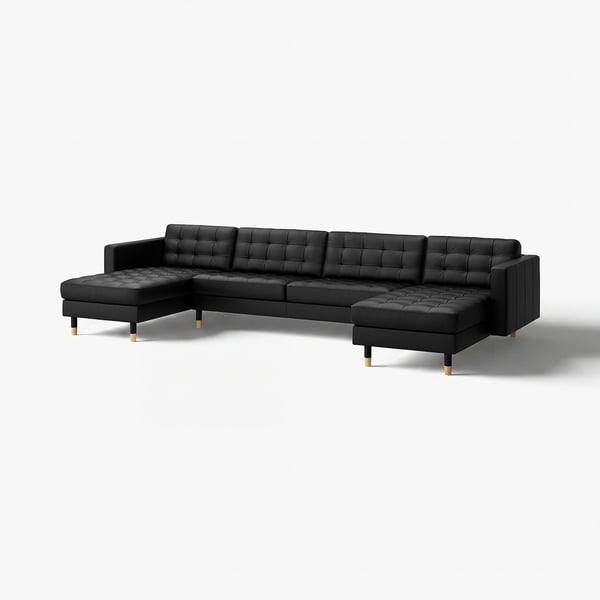 Black l-shaped sectional sofa, modern design, tufted leather, wooden legs.