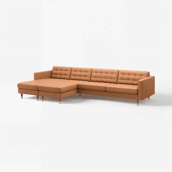 Brown leather l-shaped sectional sofa, tufted seat & back cushions, wooden legs.