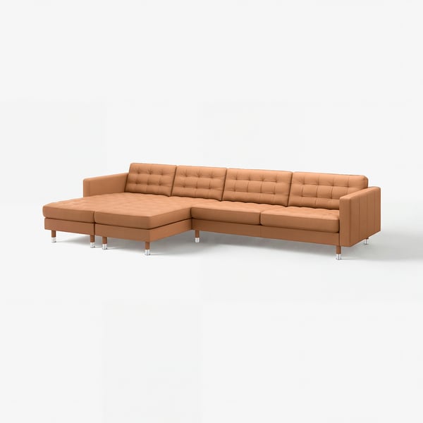 LANDSKRONA: brown leather l-shaped sofa, wooden legs, tufted design.