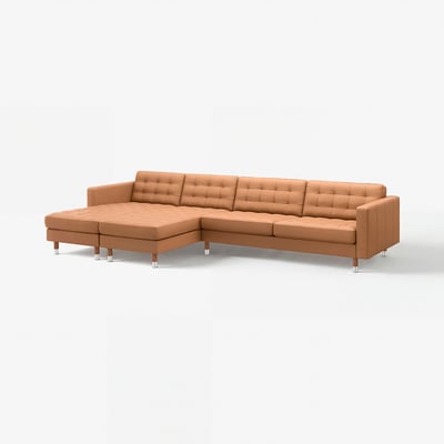 LANDSKRONA: brown leather l-shaped sofa, wooden legs, tufted design.