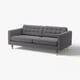 Grey 3-seat sofa with tufted design, wooden legs, and modern style.