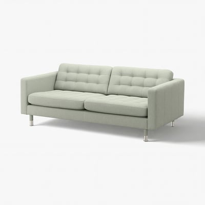 Modern light grey sofa with tufted back, sturdy metal legs, and clean lines.