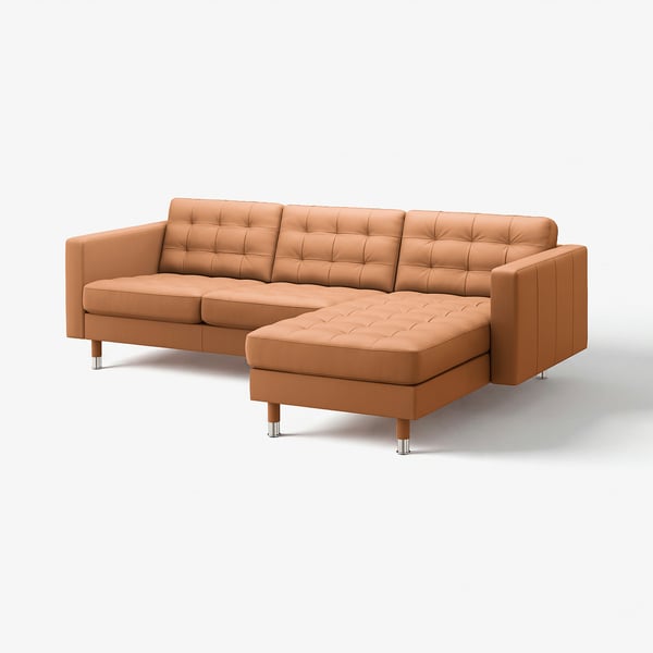 A tan-colored tan leather sectional sofa with a right-facing chaise lounge, featuring tufted backrests and cushions.