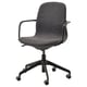 A modern black LÅNGFJÄLL office chair with a fabric seat and back, armrests, and five wheels. It is designed for comfort and ergonomic support.