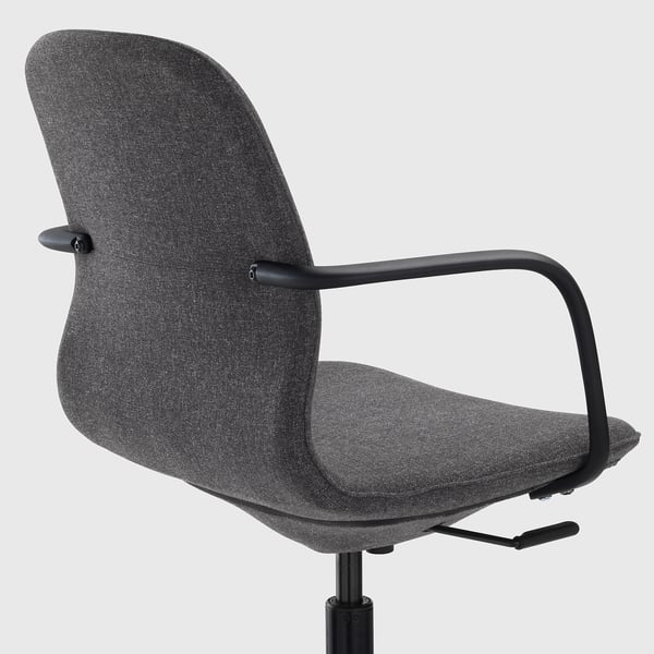 Grey office chair with armrests, height-adjustable seat, and lumbar support.