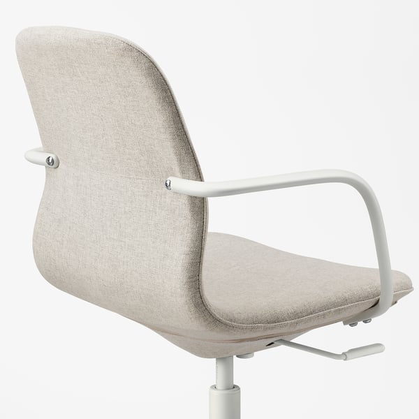 Office chair with beige fabric, white armrests, adjustable height and tilt mechanism, seen from back.