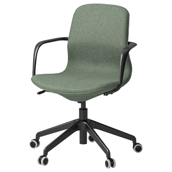 LÅNGFJÄLL office chair, light green fabric, black frame, adjustable height, armrests, 5 wheels.