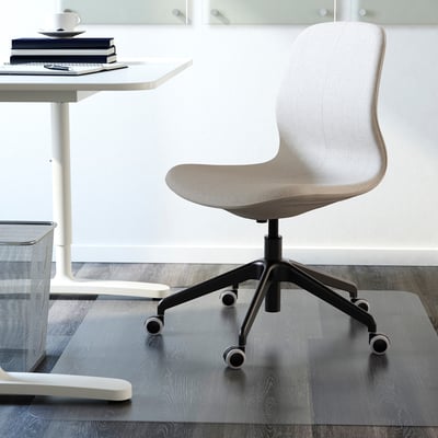 White office chair with tilt function and height-adjustable seat under minimalist desk.