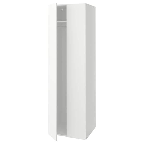 A white LASTARE wardrobe with a minimalist design. It a tall, rectangular shape with one open door, revealing an adjustable shelf inside.
