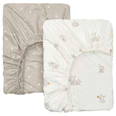 LEN Crib fitted sheet, white beige/dot pattern bunny pattern, 60x120 cm