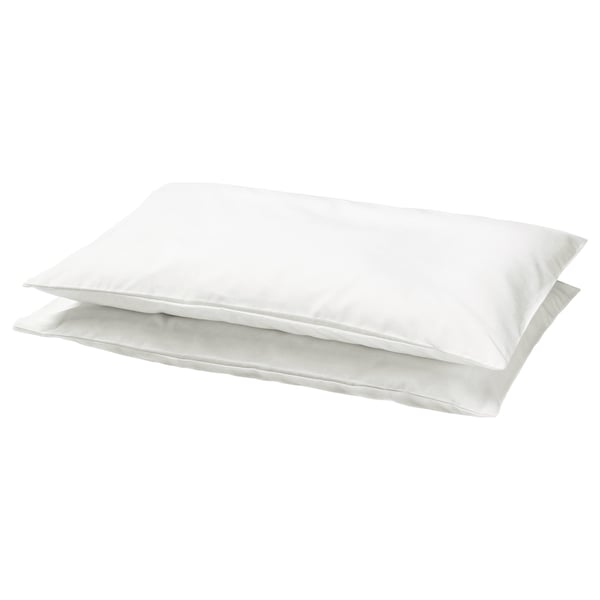 Two stacked white pillowcases, designed for a childs pillow, rectangular shape, simple design.