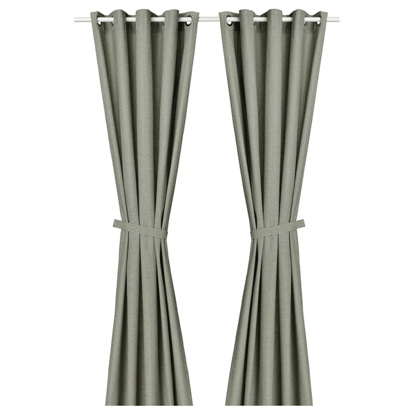 LENDA Curtains with tie-backs, 1 pair, light gray-green/with eyelets, 140x250 cm