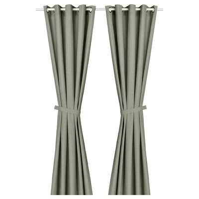 LENDA Curtains with tie-backs, 1 pair, light gray-green/with eyelets, 140x250 cm