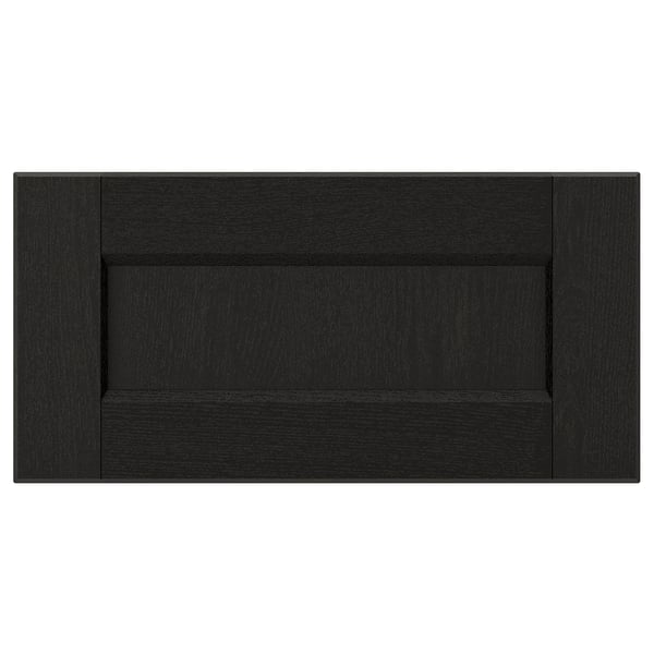 Black rectangular wood panel, traditional solid frame with bevelled edges, veneer panel inset, classic kitchen decor design.