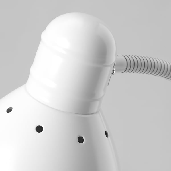 Elegant white floor lamp with adjustable neck and robust base.